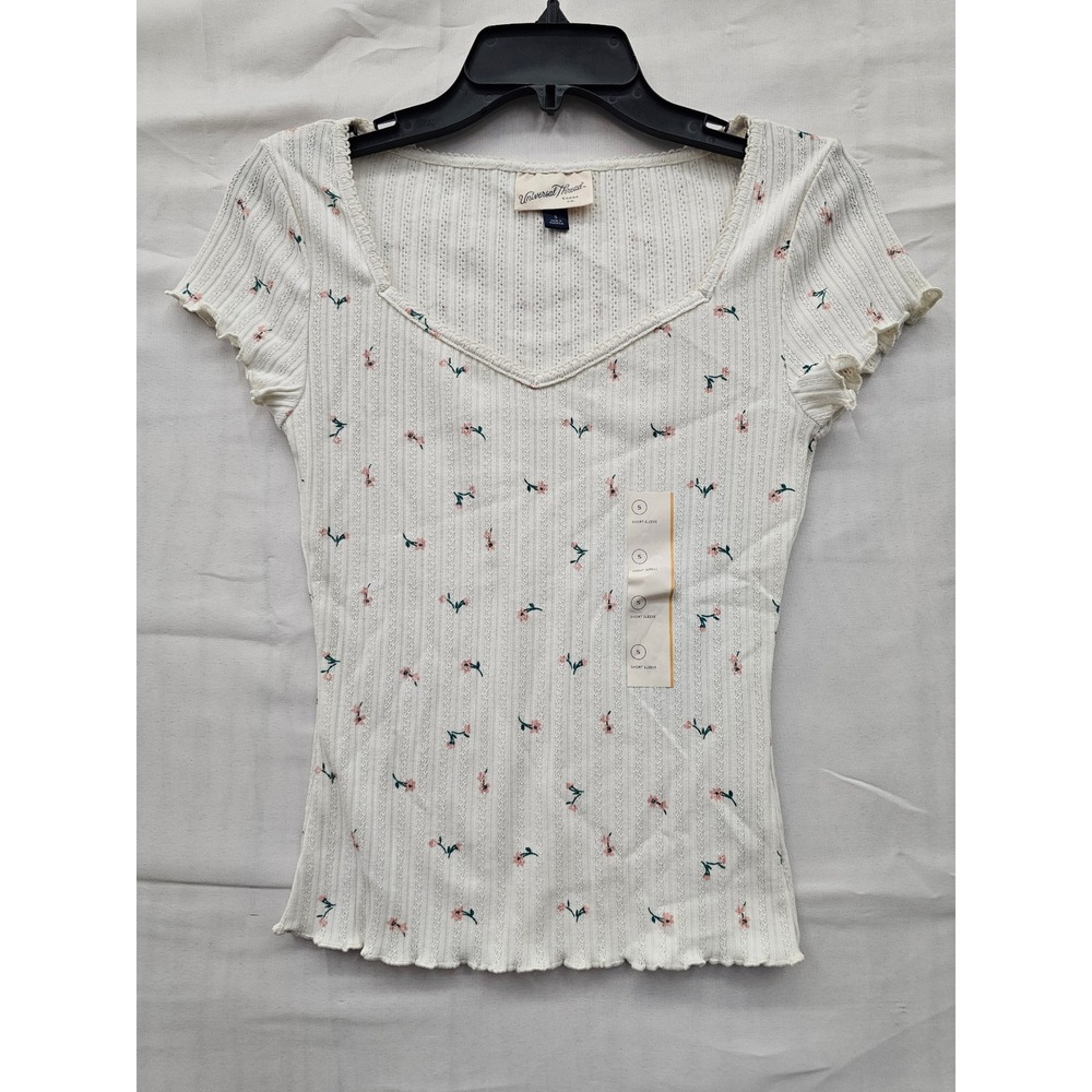 Universal Thread Womens Floral Pointelle V-Neck Lettuce Edge Top Cream White S